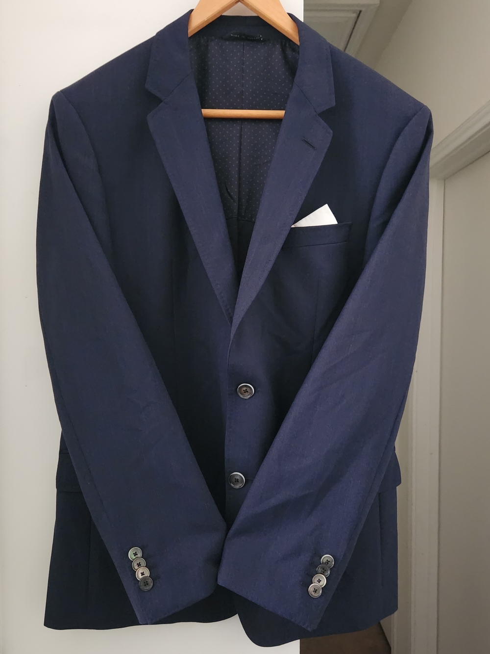 Hugo Boss Lanificio Tesse Biella Blazer Coat Mens 40S Blue Wool W/ Handkerchief